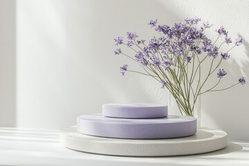 Wall Mural - Soft lavender tones on a layered circular podium, glowing gently against a white background.