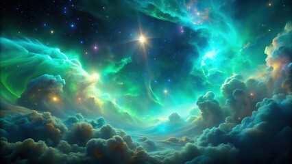 Iridescent gas clouds suspended in space with turquoise and green hues, glowing, space, glowing,space,auroral,vortex