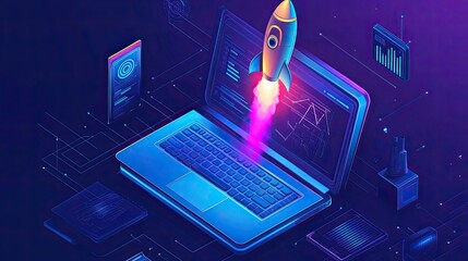 Poster - Digital Rocket Launch from Laptop Displaying Innovation and Growth