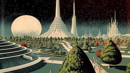 Poster - Retrofuturistic landscape in 80s sci-fi style. Retro science fiction scene with futuristic buildings