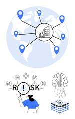 Wall Mural - Map with global nodes, magnifying glass over risk icon, AI brain processing data, layers of digital visualization. Ideal for risk analysis, business strategy, AI, decision-making, global networks