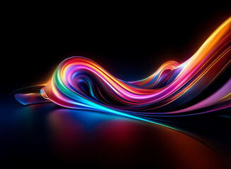 Fototapete - Vibrant, swirling ribbons of light illuminate a dark, reflective surface.  The multicolored glow creates a dynamic, abstract composition.
