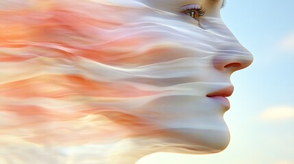 Sticker - Dreamy profile of a young woman, her face partially obscured by flowing, pastel-colored fabric. Soft, ethereal mood.