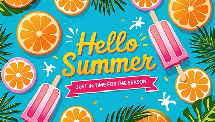 Poster - Hello summer beach elements 3d illustration. summer greeting card frame with colorful beach element of umbrella, surfing board, luggage, ball, floater, sunscreen, slippers, sunglasses.