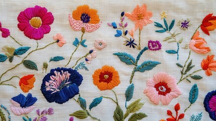 Poster - Embroidered floral pattern on light linen fabric, showcasing vibrant colors and intricate designs, perfect for textiles and fashion applications