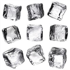 Poster - Nine translucent ice cubes floating against a stark white background creating a cool and refreshing mood