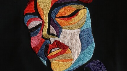Poster - Abstract Contemporary Face Embroidery, an innovative textile art piece featuring a striking and unique design that challenges traditional aesthetics.