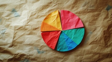 Poster - Colorful Paper Pie Chart on Textured Background, vibrant segments showcase data distribution in a visually engaging format
