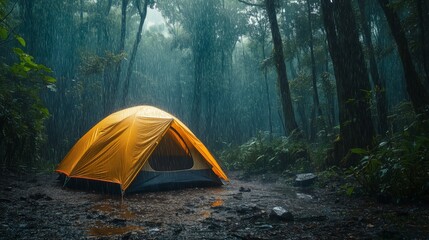 camping in the forest in the rain in the yellow tent