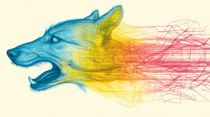 Naklejka na meble Abstract Colorful Canine: A vibrant, stylized wolf's head transitions into a dynamic, multicolored abstract form.
