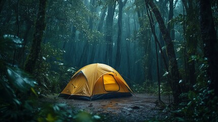 camping in the forest in the rain in the yellow tent