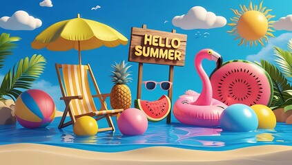 Poster - Hello summer beach elements 3d illustration. summer greeting card frame with colorful beach element of umbrella, surfing board, luggage, ball, floater, sunscreen, slippers, sunglasses.