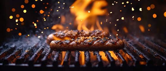 Wall Mural - Sizzling Sausages on Grill with Flames and Bokeh Lights Creating a Warm and Inviting Scene