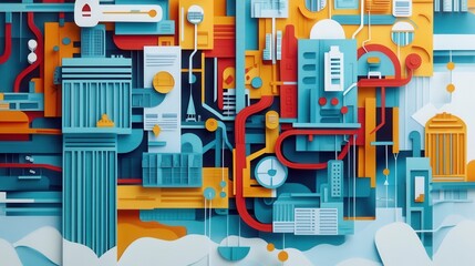 Poster - Interconnected Business Network Diagram, a detailed paper-cut style representation showcasing relationships and interactions among various enterprises