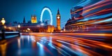 London cityscape glowing at dusk, westminster palace, big ben, london eye, and 30 st mary axe illuminated, car lights creating vibrant streaks across dramatic evening skyline