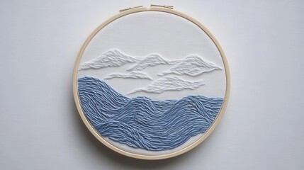 Poster - Minimalist embroidery, abstract wave design, delicate threads, soothing colors, modern textile art, serene home decor piece