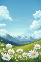 Wall Mural - serene landscape with daisies and mountains