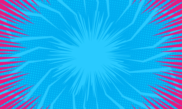 abstract rays comic background with dot halftone on blue