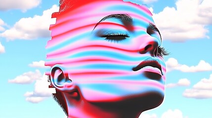 Wall Mural - Serene woman's face, stylized with pink and blue stripes against a dreamy sky. Peaceful, ethereal mood.