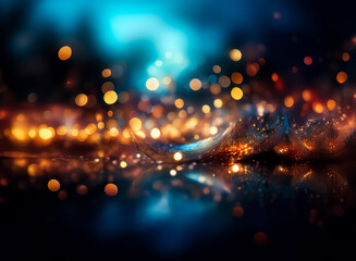 Canvas Print - Abstract image of glowing particles and bokeh lights in blue, orange, and gold tones.  The lights appear to be scattered on a dark reflective surface, creating a dreamy, ethereal effect.