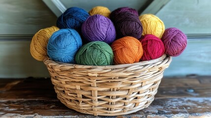 Poster - Vibrant yarn balls in a woven basket, showcasing a spectrum of colors and textures, perfect for crafting inspiration and creativity.