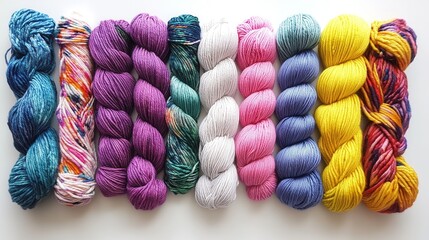 Poster - Vibrant Yarn Spectrum, a visually striking assortment of multi-colored yarns displayed on a clean white backdrop, showcasing texture and color harmony