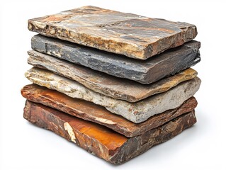 Poster - Stacked natural stone slabs with varied texture and color on a clean white background