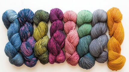 Poster - Vibrant Yarn Spectrum on White Canvas, an organized display of colorful threads showcasing texture and variety for crafting inspiration