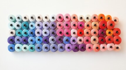 Poster - Colorful embroidery thread spools in a vibrant gradient display, showcasing a spectrum of hues for creative crafting inspiration