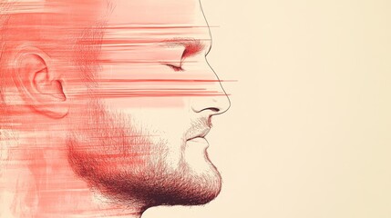 Wall Mural - Abstract portrait of a man, eyes closed, with red brushstrokes across his face. Contemplative and serene mood.