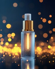 Poster - Elegant glass spray bottle with golden accents on a dark background with bokeh lights