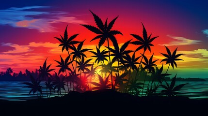 Wall Mural - Serene and Vibrant Silhouette of a Cannabis Leaf Set Against a Colorful Gradient Sunset Background Showcasing the Beauty and Naturalism of the Plant in an Design