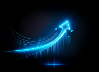 Poster - a vibrant blue arrow ascends, glowing brightly against a dark background. its trajectory is dynamic,