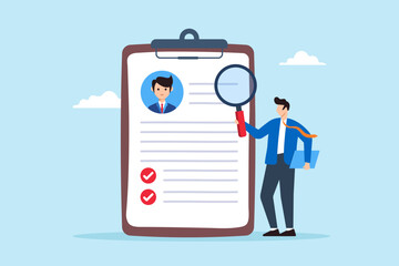 Poster - Flat illustration of HR professional examine resume with magnifier symbolizing recruitment and hiring process