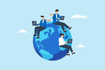 Poster - Flat illustration of business people sit around globe working on laptop symbolizing remote work and global collaboration