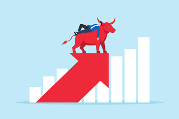 Wall Mural - Flat illustration of businessman sleep on rising bull market graph symbolizing earning passive income through investment