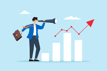 Poster - Flat illustration of businessman look through telescope to analyze forecast chart symbolizing leadership vision and prediction