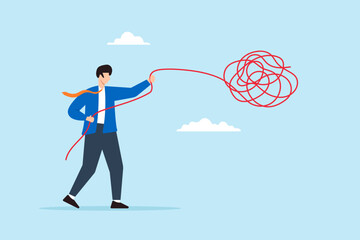 Poster - flat illustration of businessman unravel tangle rope symbolizing solving complex and chaotic busines