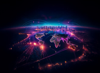 Aufkleber - A vibrant, stylized world map glows with interconnected cityscapes and luminous lines, symbolizing global connectivity and digital networks.  The dark background emphasizes the bright, futuristic feel