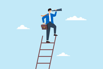 Poster - Flat illustration of smart businessman climb ladder and look through telescope symbolizing visionary leadership for success