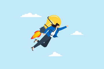 Poster - Flat illustration of confident businesswoman flying high with lightbulb jetpack symbolizing innovation and career growth