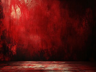 Poster - Dramatic red wall with wooden floor creates an intense and textured studio backdrop space