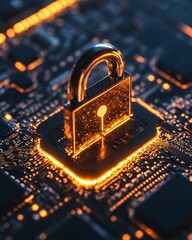 Poster - Glowing Padlock Securing Digital Circuit Board Representing Data Protection and Cyber Security