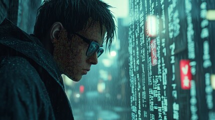 Leinwandbilder - a Korean or Japanese human figure integrated into the digital world