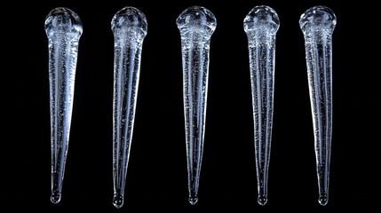Poster - Five Clear Icicles Hanging Down Against Black Background With Visible Air Bubbles Inside