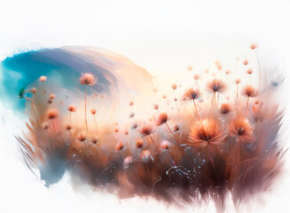 Wall Mural - Soft, dreamy watercolor painting of a field of delicate, light orange wildflowers at sunset.  The background features a blurred teal wash.