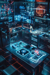 Capture a dynamic aerial view of a futuristic kitchen drenched in neon lighting and holographic displays, showcasing automated cooking processes in a sleek, avant-garde style, using CG 3D rendering