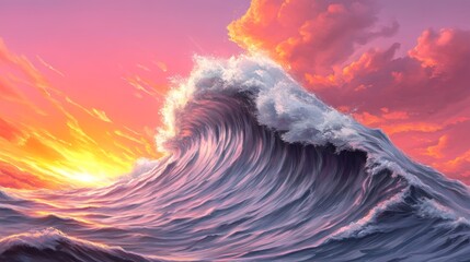 Poster - Majestic ocean wave crests at sunset, showcasing vibrant pink and orange hues. A breathtaking scene of nature's power and beauty.