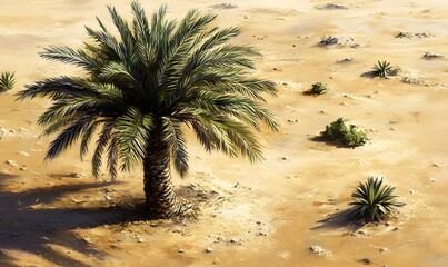 Lone palm tree in desert landscape, sunlight, arid background, travel, nature