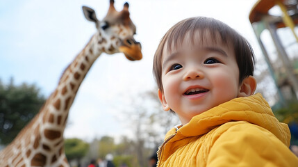 Toddler Meets Giraffe: A charming toddler beams with delight as a gentle giant giraffe peers down, creating a heartwarming moment of connection between child and animal.